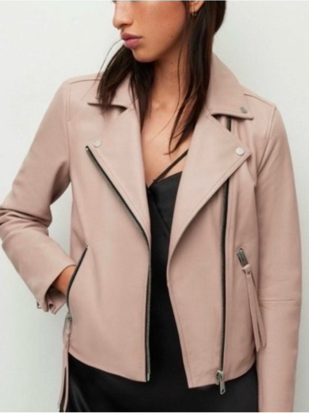 Lamarque Blush Pink Leather Moto Jacket